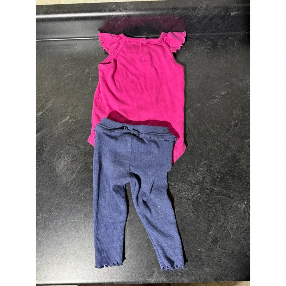 Garanimals Baby Girl 6-9M Pink Ruffle Bodysuit and Blue Ribbed Leggings Outfit